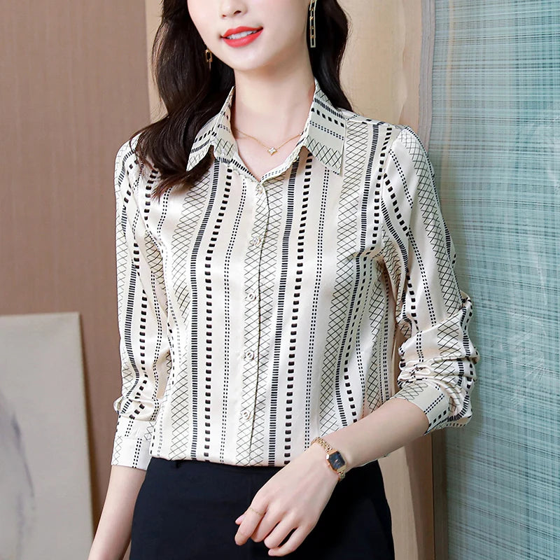 Satin Women Shirt 2025 Autumn Clothes Women Vintage Blouses Office Lady Long Sleeve Blouse Button Up Shirt OL Print Womens Tops